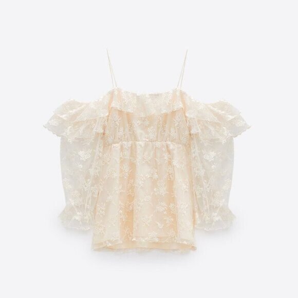 NWT Zara cream floral embroidered lace-like off-the-shoulder blouse, S - Picture 7 of 11